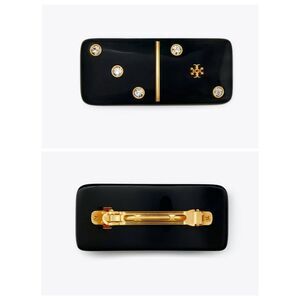 TORY BURCH Kira Black Domino Gold Logo Studded Barrette Hair Clip